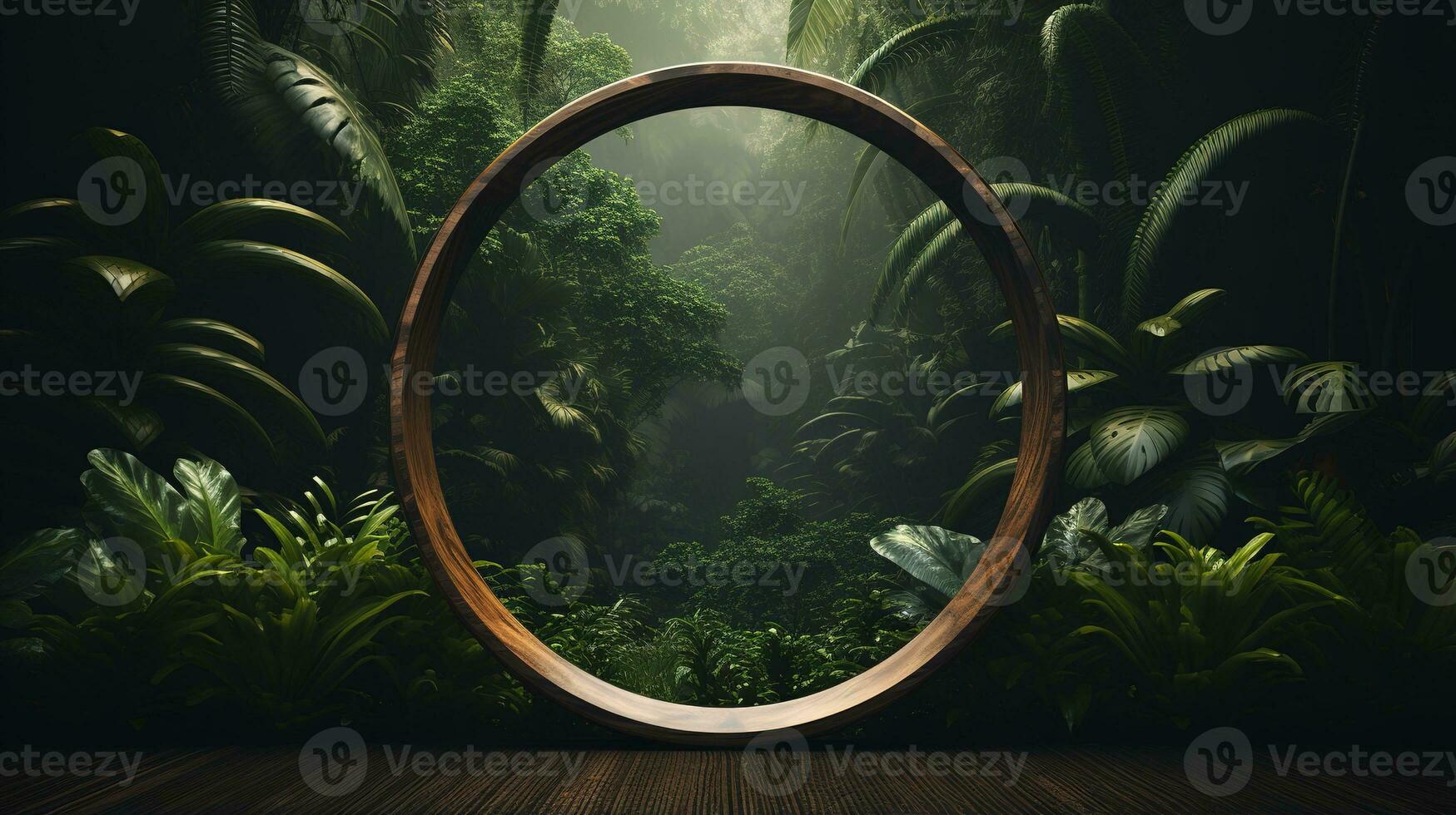 Generative AI, Empty circle wooden frame and tropical leaves on jungle background. For product display. photo