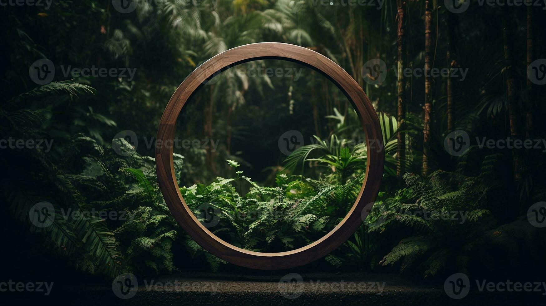 Generative AI, Empty circle wooden frame and tropical leaves on jungle background. For product display. photo