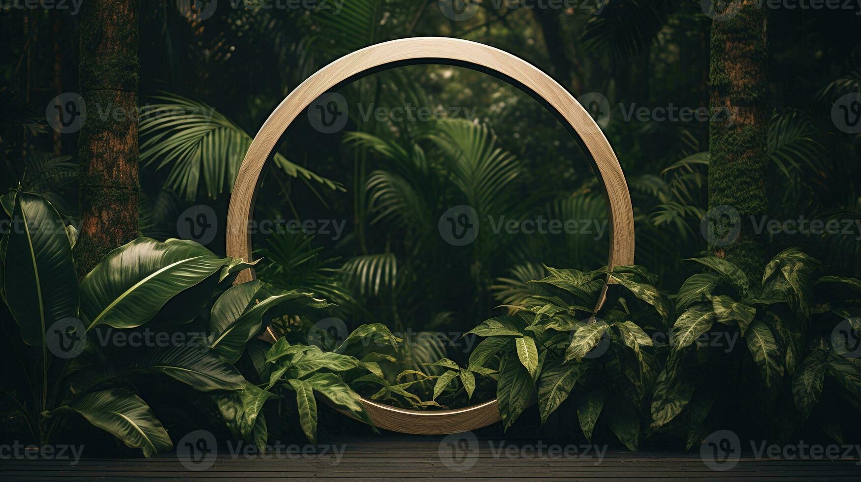 Generative AI, Empty circle wooden frame and tropical leaves on jungle background. For product display. photo