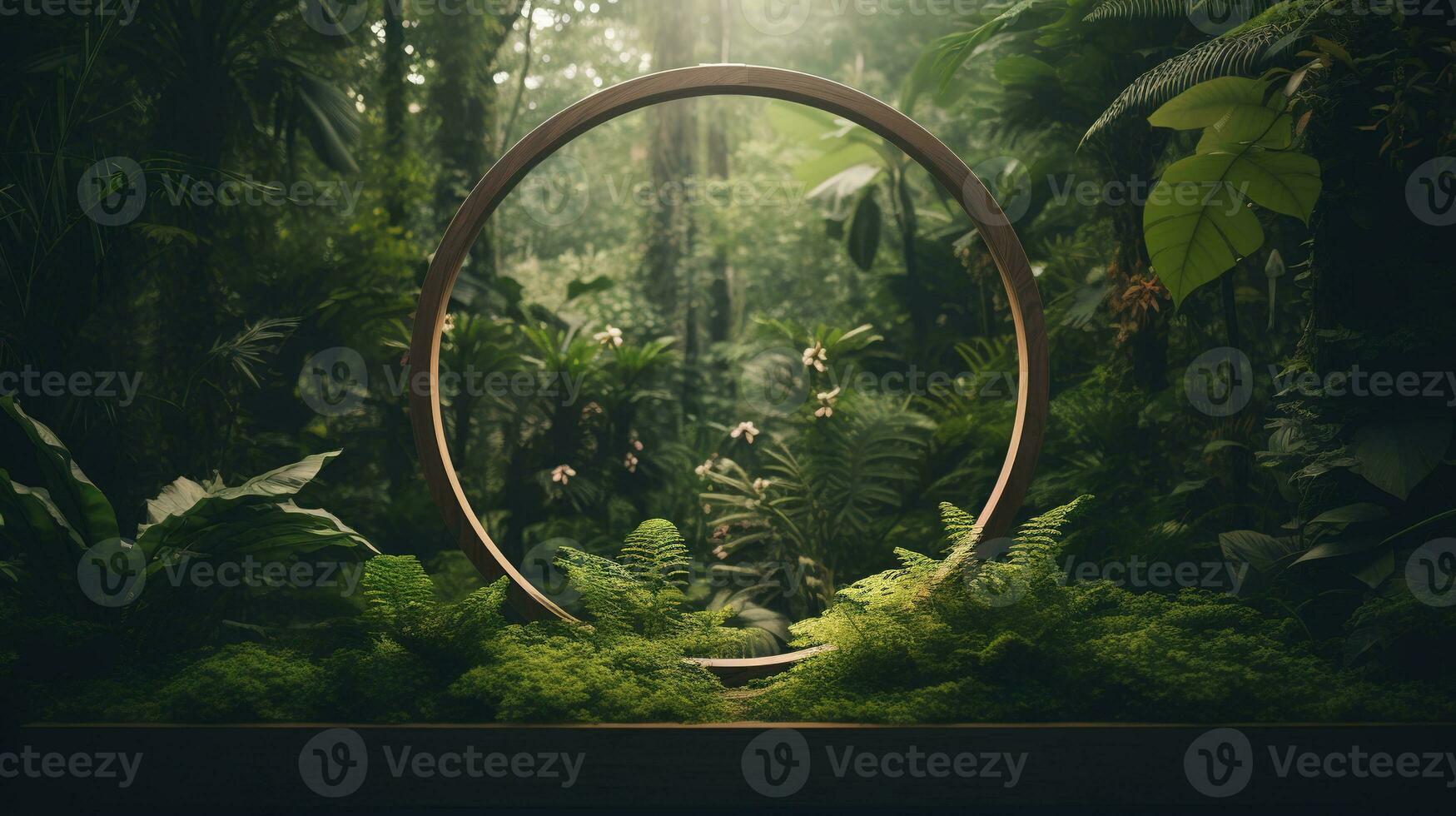 Generative AI, Empty circle wooden frame and tropical leaves on jungle background. For product display. photo
