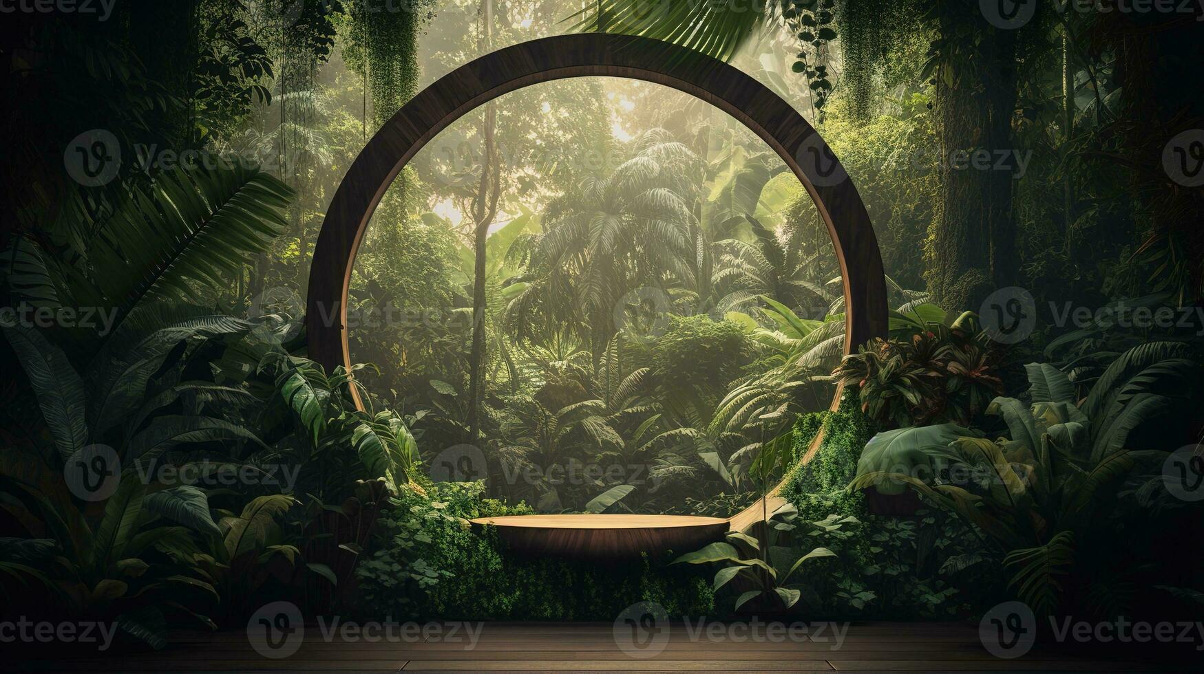 Generative AI, Empty circle wooden frame and tropical leaves on jungle background. For product display. photo