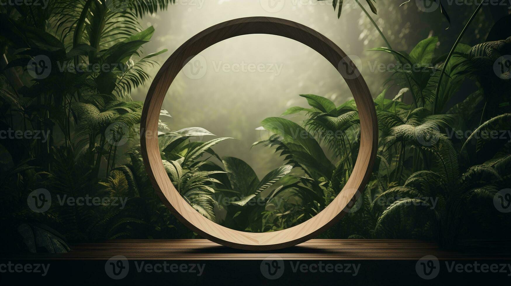 Generative AI, Empty circle wooden frame and tropical leaves on jungle background. For product display. photo