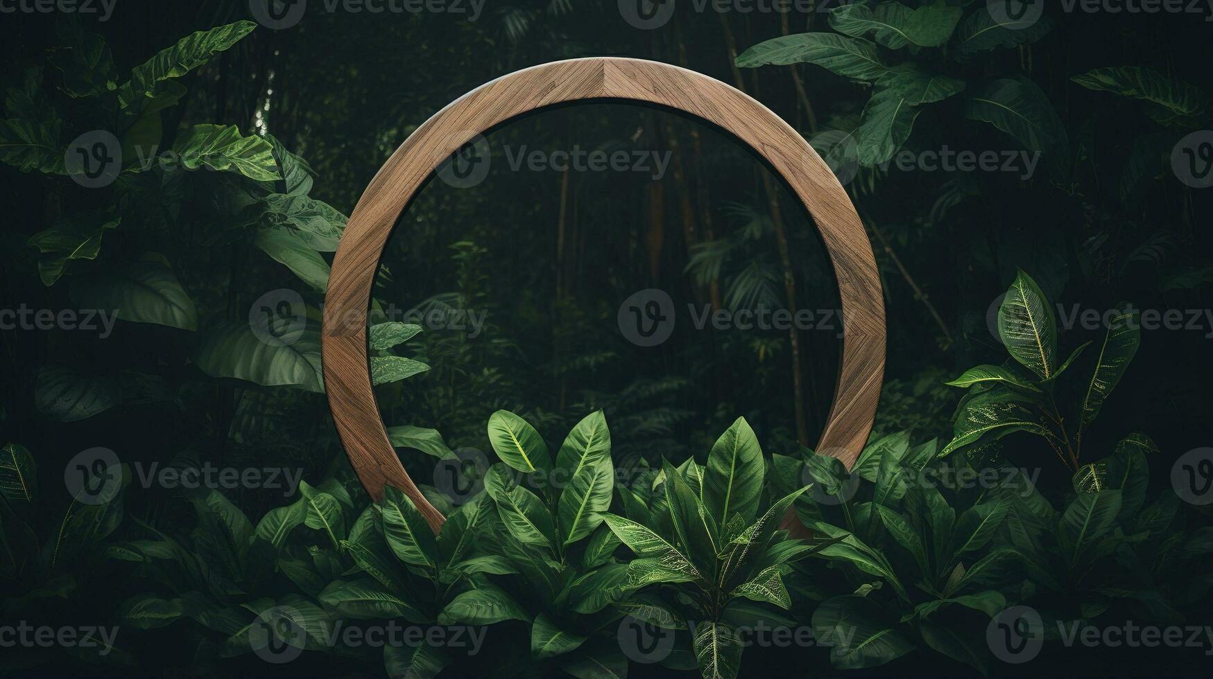 Generative AI, Empty circle wooden frame and tropical leaves on jungle background. For product display. photo