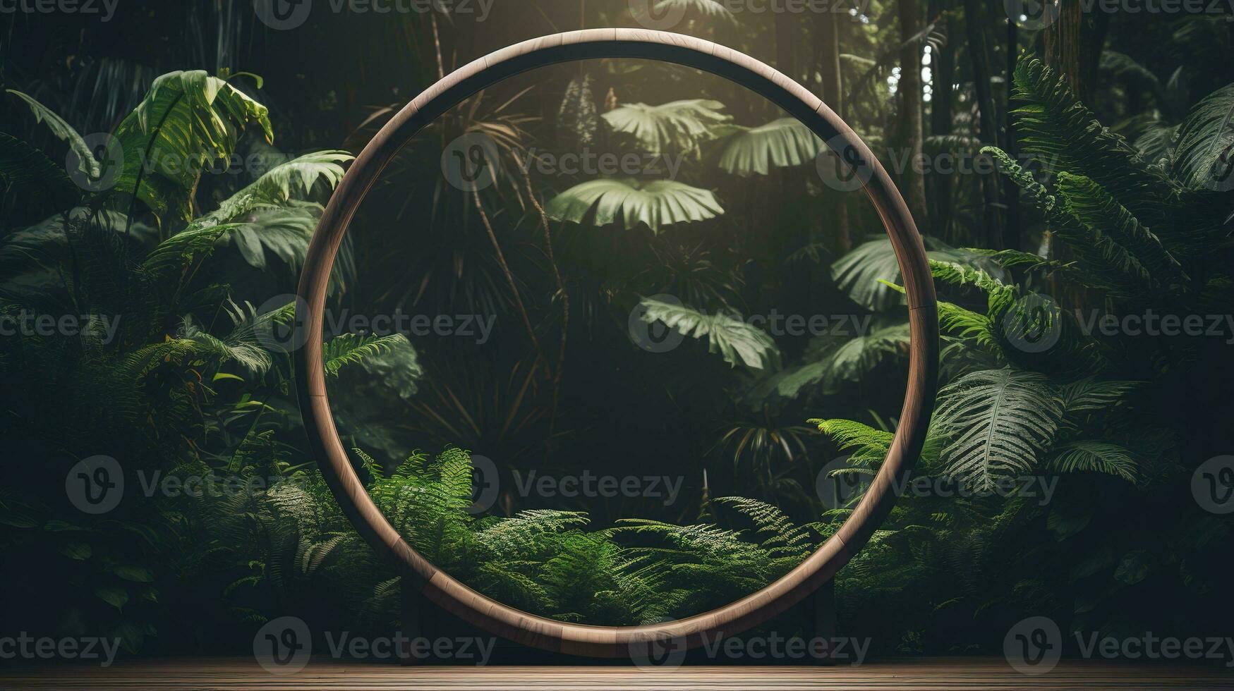 Generative AI, Empty circle wooden frame and tropical leaves on jungle background. For product display. photo