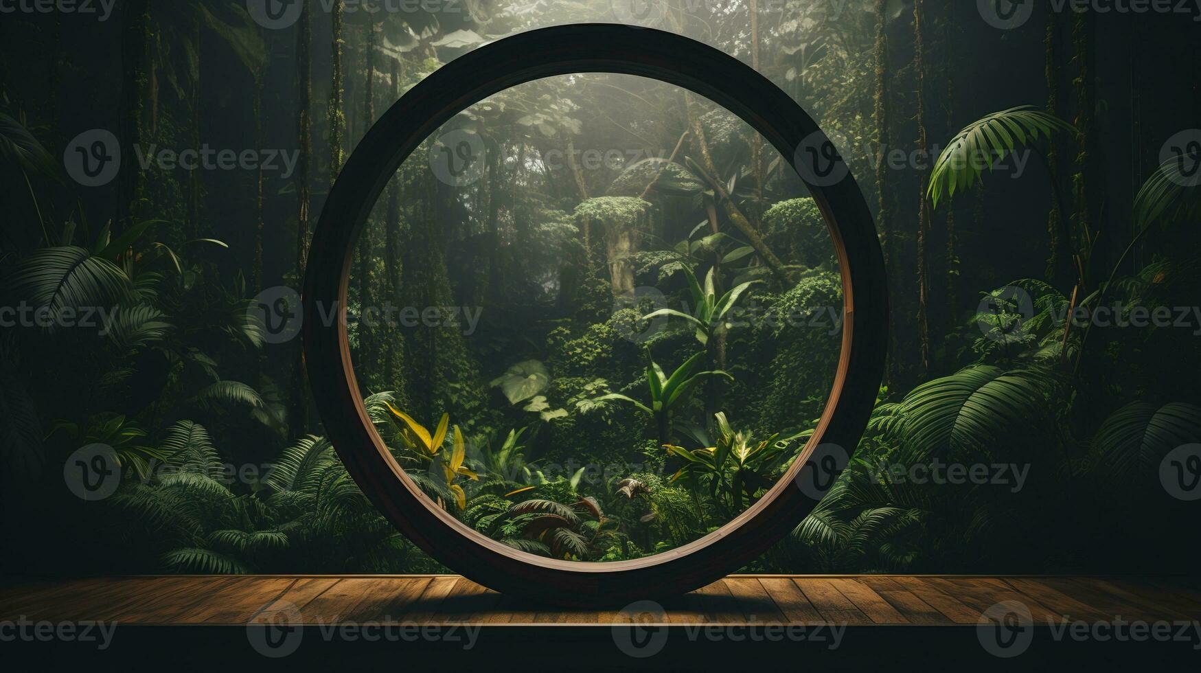 Generative AI, Empty circle wooden frame and tropical leaves on jungle background. For product display. photo