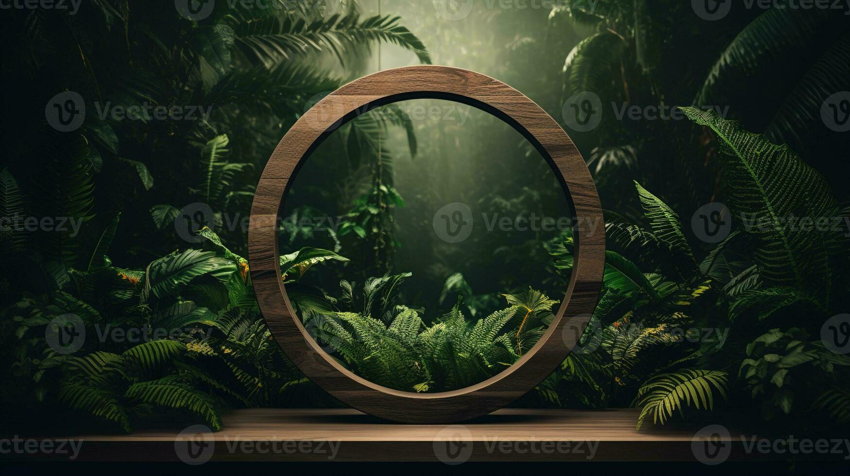 Generative AI, Empty circle wooden frame and tropical leaves on jungle background. For product display. photo