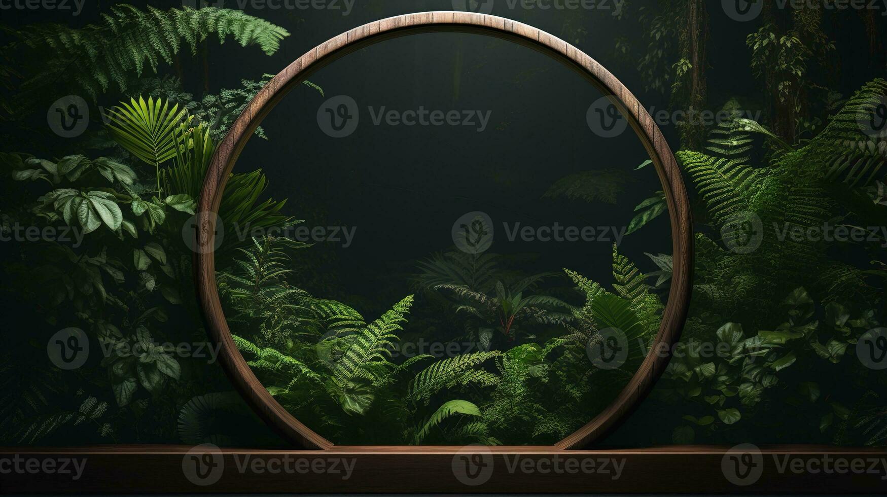Generative AI, Empty circle wooden frame and tropical leaves on jungle background. For product display. photo