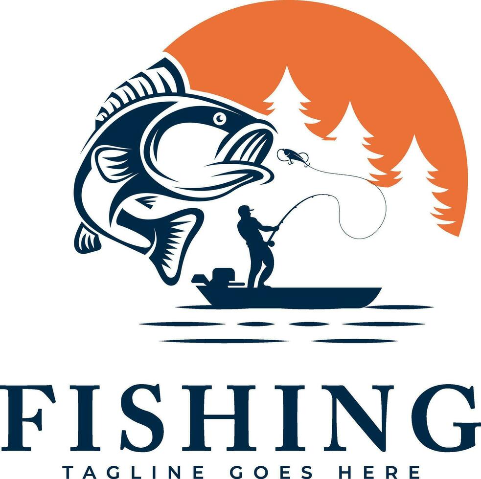Design template illustration of Man fishing Big Fish jumping out of the water, Suitable for use as a fishing sport Logo vector