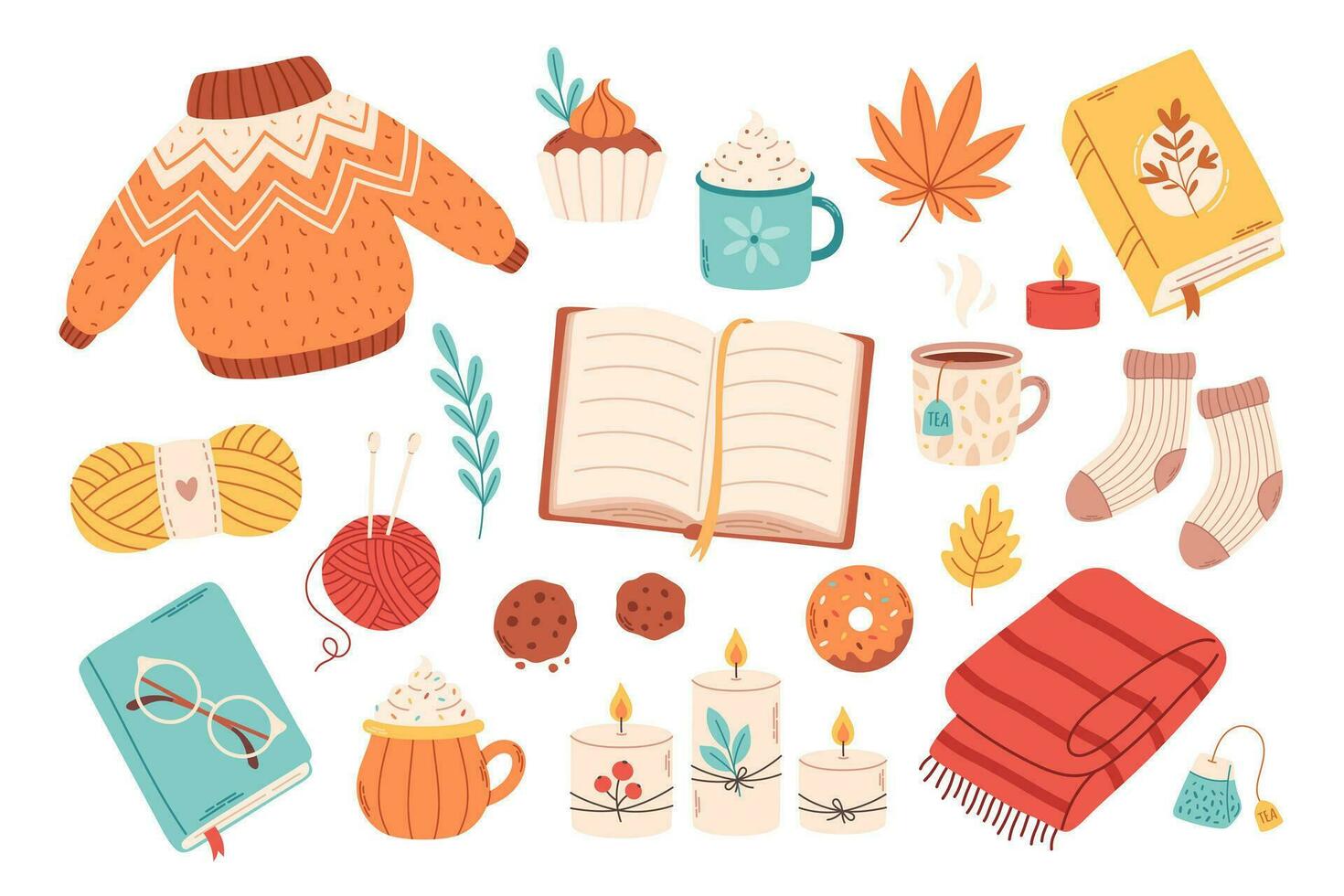 Autumn set of cute and cozy design elements. Fall mood, hygge mood-boosting things. vector