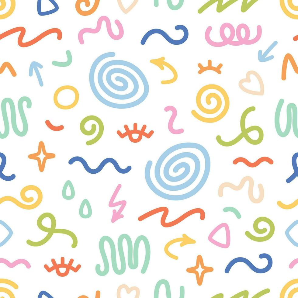 Seamless pattern with various hand drawn abstract shapes, strokes and doodles. Colorful abstract line doodle shapes vector