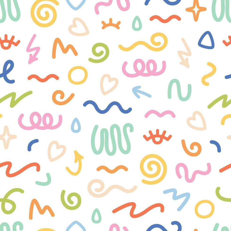 Seamless pattern with various hand drawn abstract shapes, strokes and doodles. Colorful abstract line doodle shapes vector