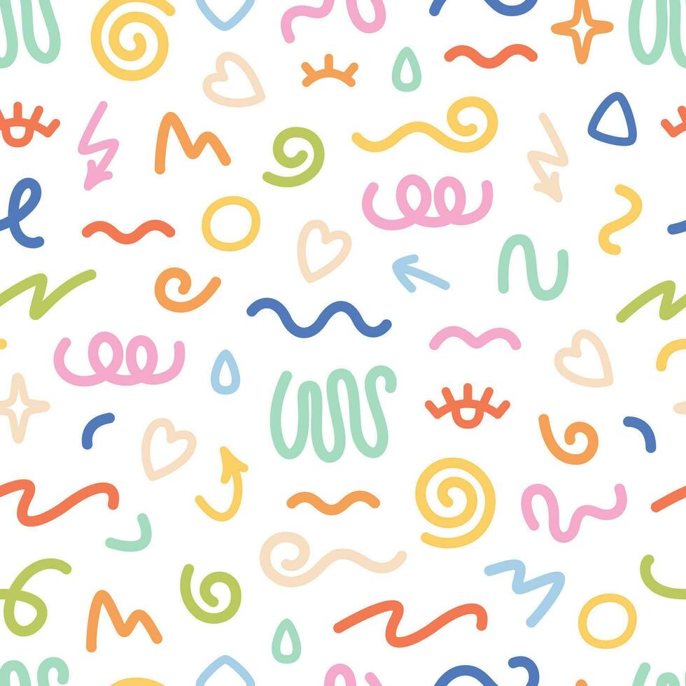 Seamless pattern with various hand drawn abstract shapes, strokes and doodles. Colorful abstract line doodle shapes vector