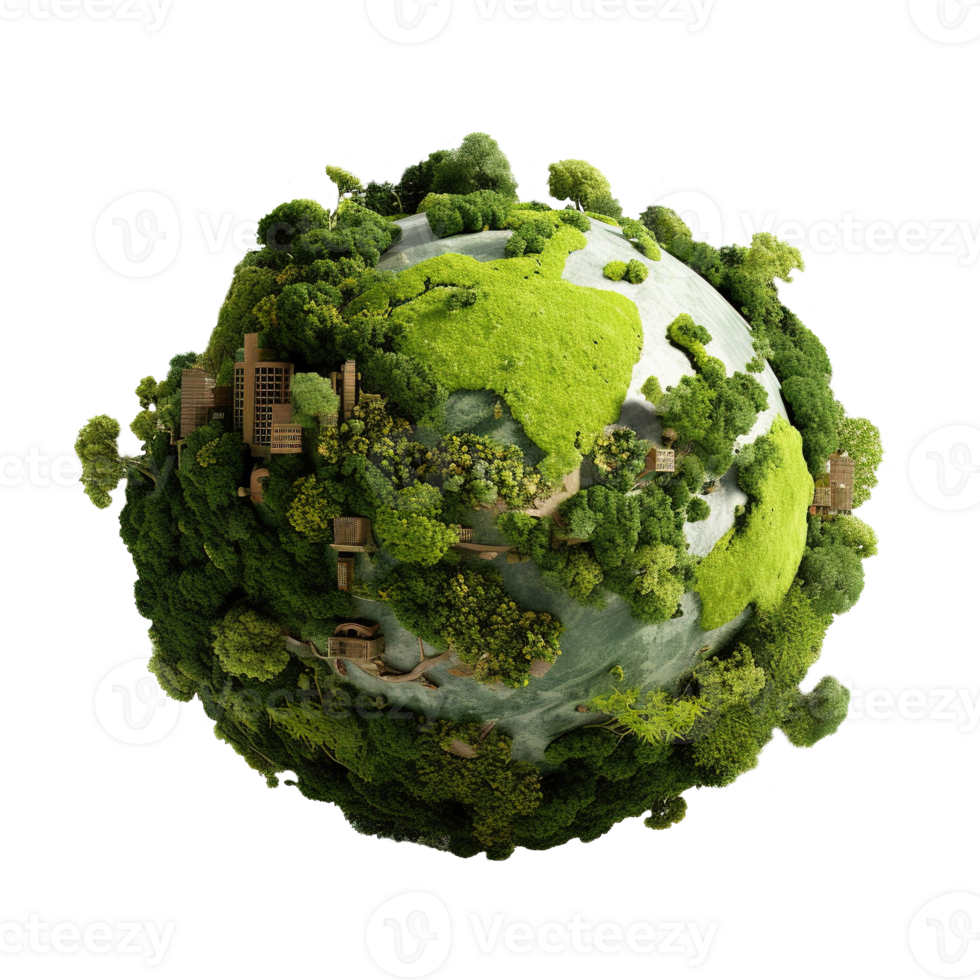 Generative AI, PNG green planet Earth, Earth day concept, world map with plants and trees