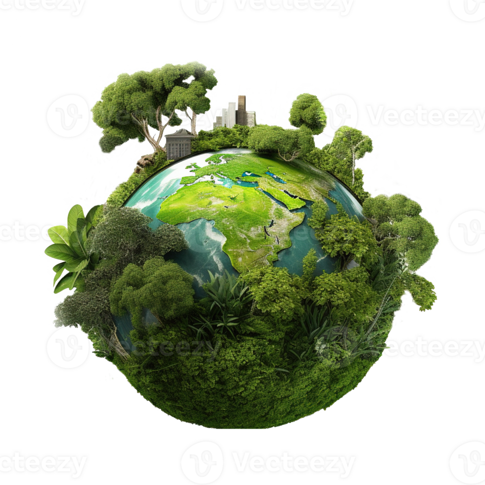 Generative AI, PNG green planet Earth, Earth day concept, world map with plants and trees