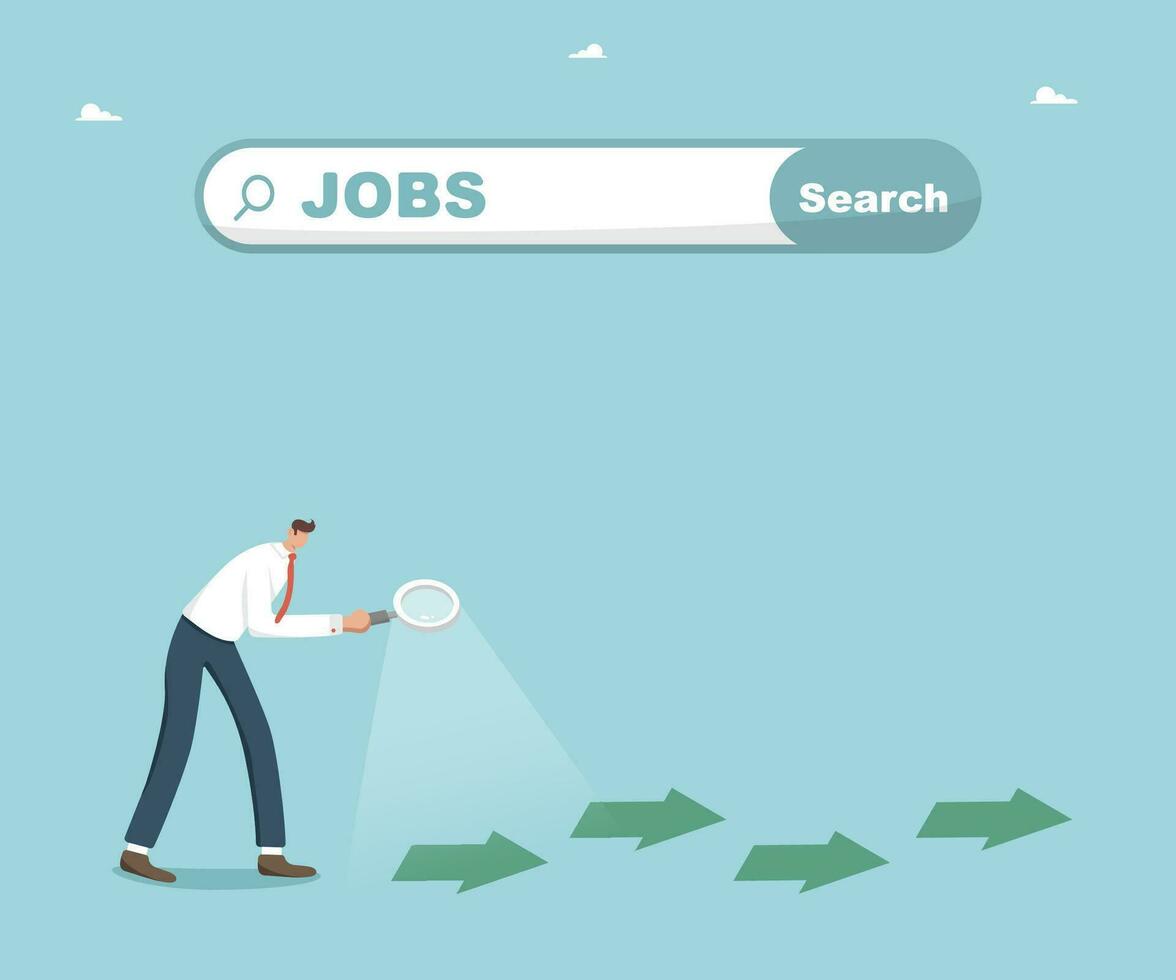 Looking for a new job or employment, career path or promotion, ladder of success, new career vacancy, looking for new opportunities and work, man with magnifier walks the arrows under job search bar. vector