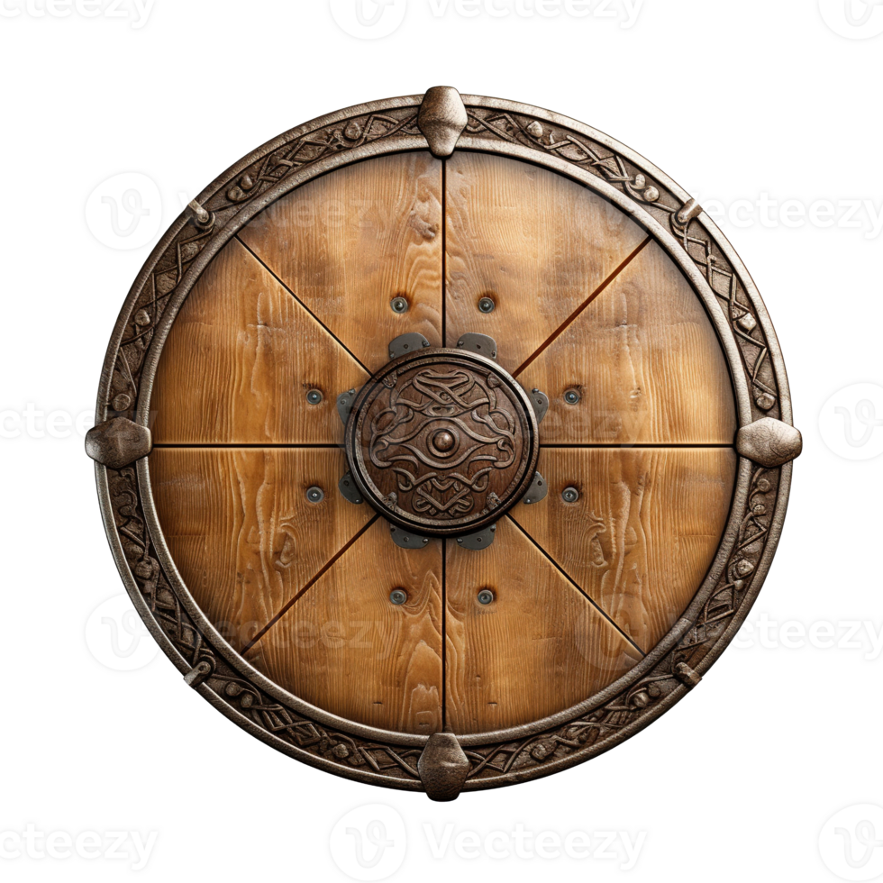 Generative AI, PNG old wooden viking shield, protective sign from mediaeval times