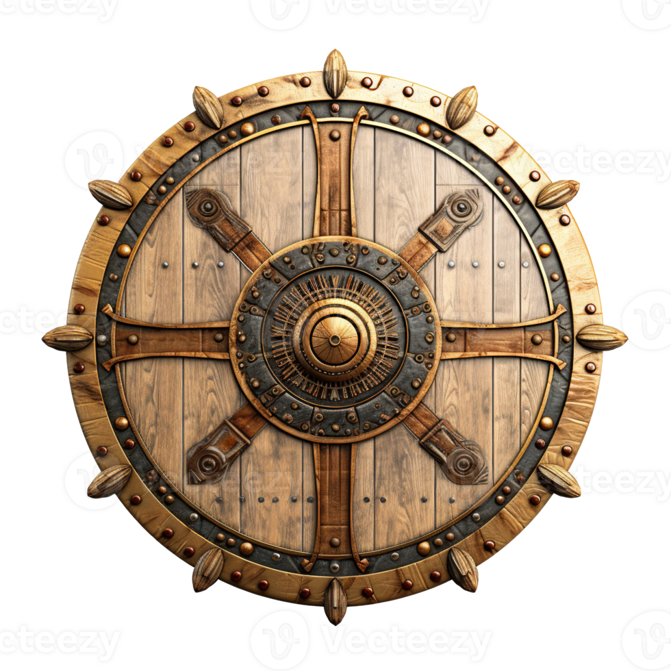 Generative AI, PNG old wooden viking shield, protective sign from mediaeval times