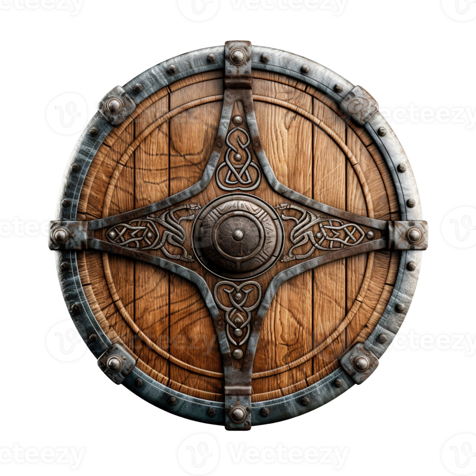 Generative AI, PNG old wooden viking shield, protective sign from mediaeval times