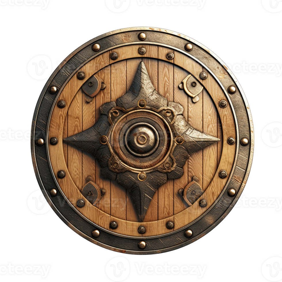 Generative AI, PNG old wooden viking shield, protective sign from mediaeval times