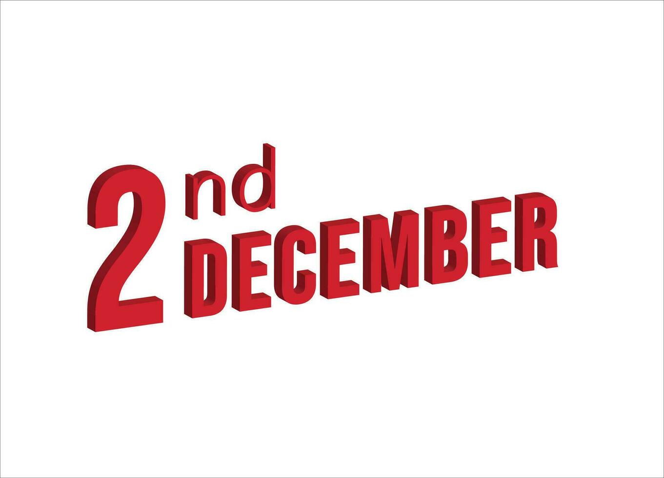 2do diciembre , diario calendario hora y fecha calendario símbolo. moderno diseño, 3d representación. blanco antecedentes. vector