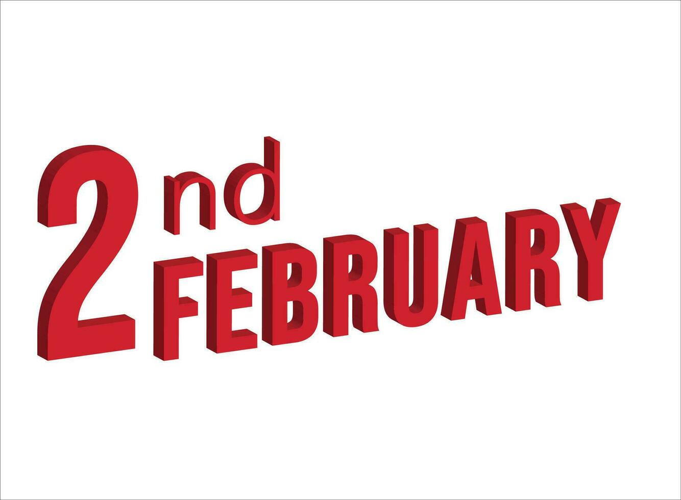 2nd February ,  Daily calendar time and date schedule symbol. Modern design, 3d rendering. White background. vector