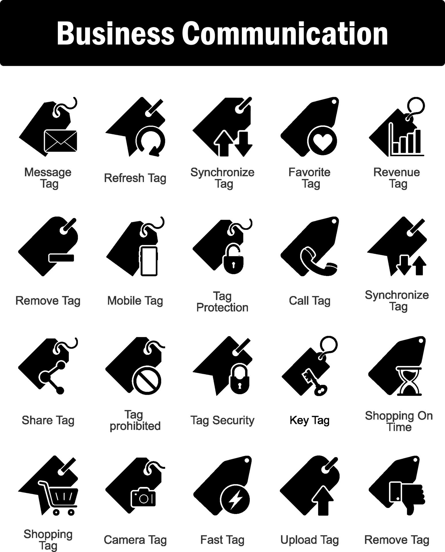 A set of 20 business icons as message tag, refresh tag, synchronize tag