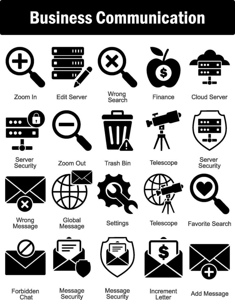 A set of 20 business icons as zoom in, edit server, wrong search vector