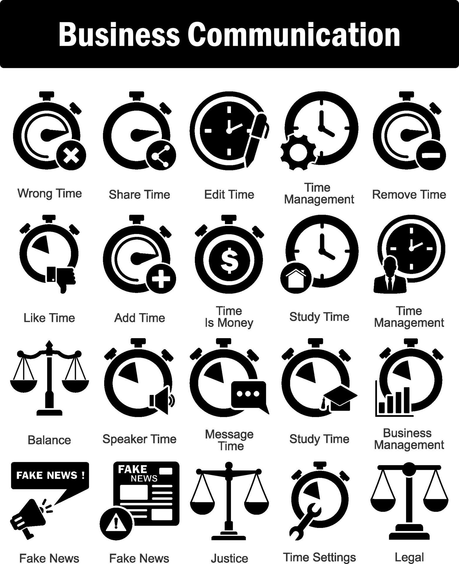 A set of 20 business icons as wrong time, share time, edit time