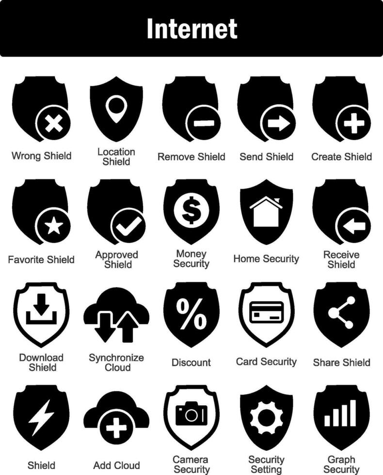 A set of 20 Internet icons as wrong shield, location shield, remove shield vector