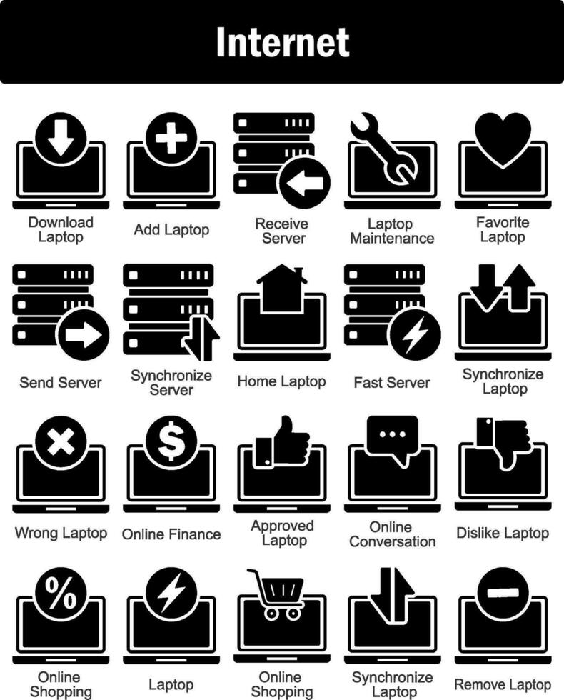 A set of 20 Internet icons as download laptop, add laptop, receive server vector