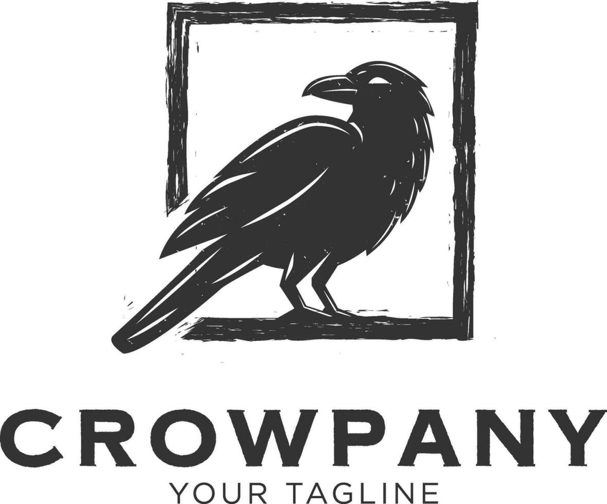 Crow bird black grunge illustration logo emblem. vector