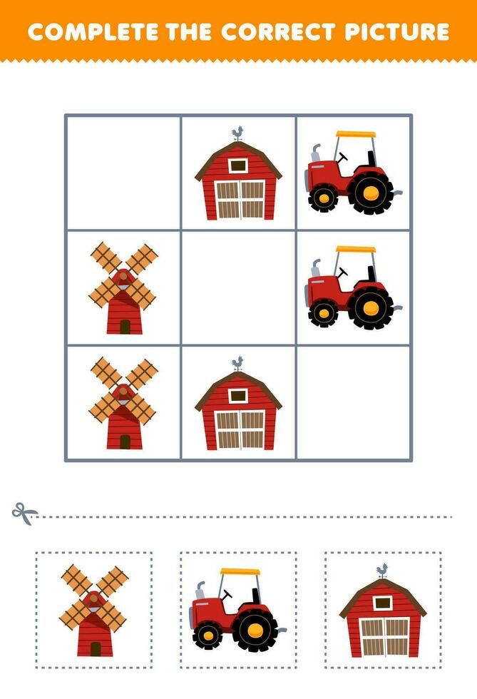 educación juego para niños completar el correcto imagen de un linda dibujos animados molino tractor y granero imprimible granja hoja de cálculo vector