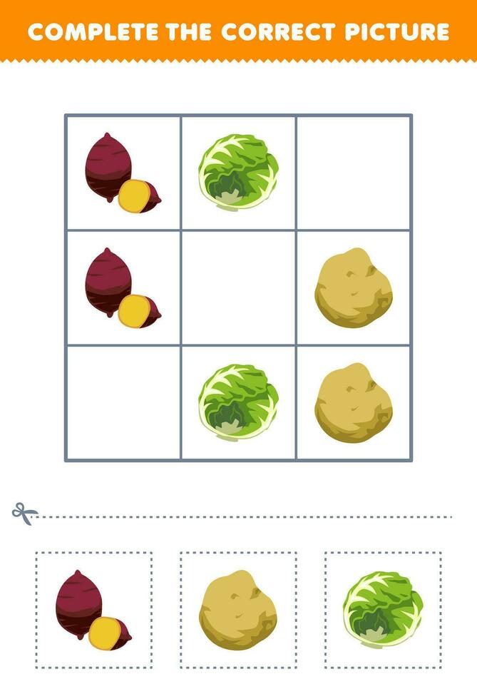 educación juego para niños completar el correcto imagen de un linda dibujos animados batata patata y repollo imprimible vegetal hoja de cálculo vector