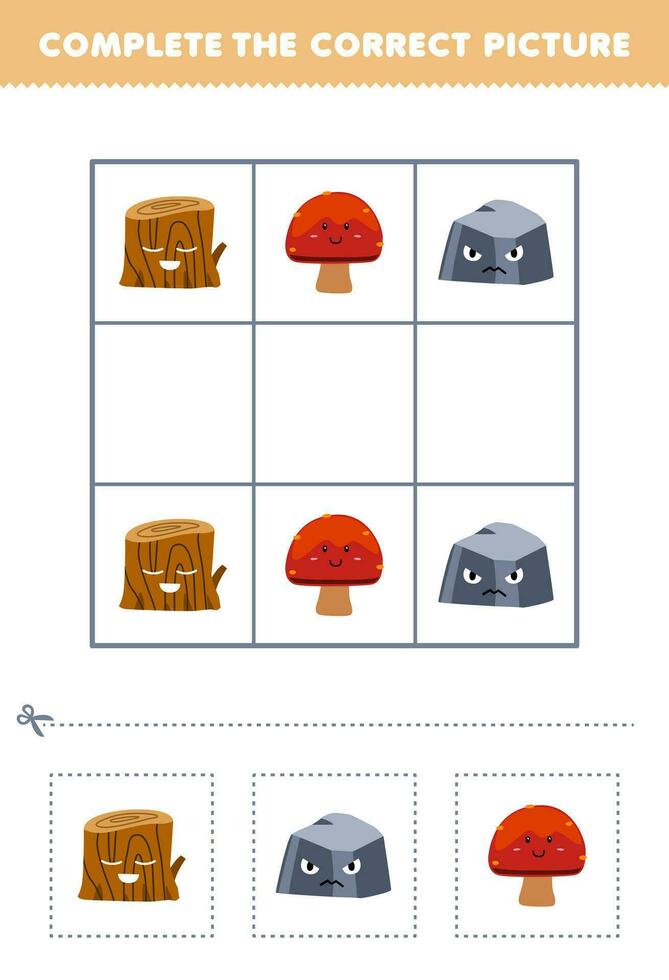 Education game for children complete the correct picture of a cute cartoon wood log stone and mushroom printable nature worksheet vector