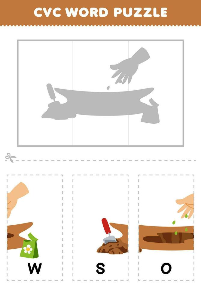 Education game for children to learn cvc word by complete the puzzle of cute cartoon sowing seeds picture printable worksheet vector