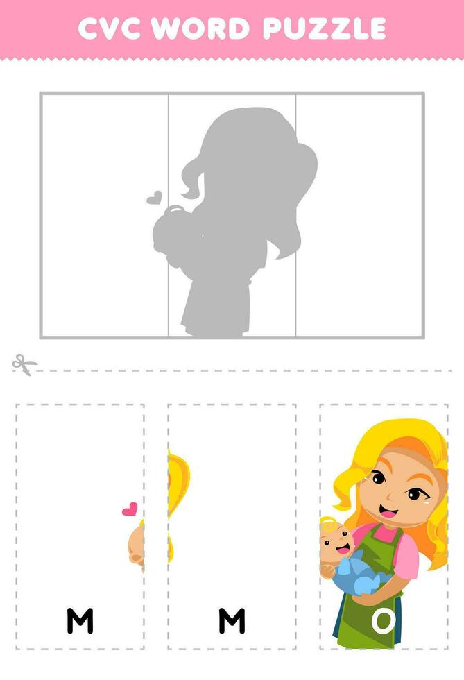 Education game for children to learn cvc word by complete the puzzle of cute cartoon mom holding baby picture printable worksheet vector