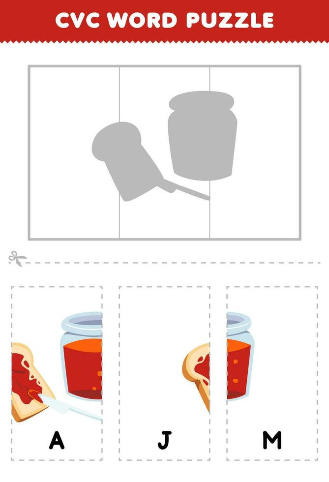 Education game for children to learn cvc word by complete the puzzle of cute cartoon red jam picture printable worksheet vector