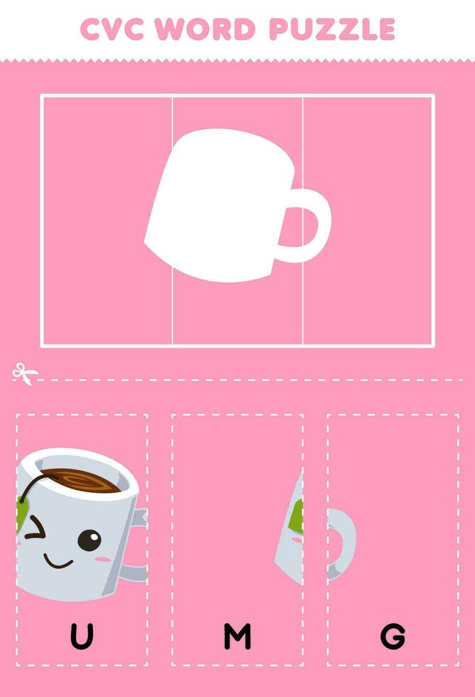 Education game for children to learn cvc word by complete the puzzle of cute cartoon mug picture printable worksheet vector