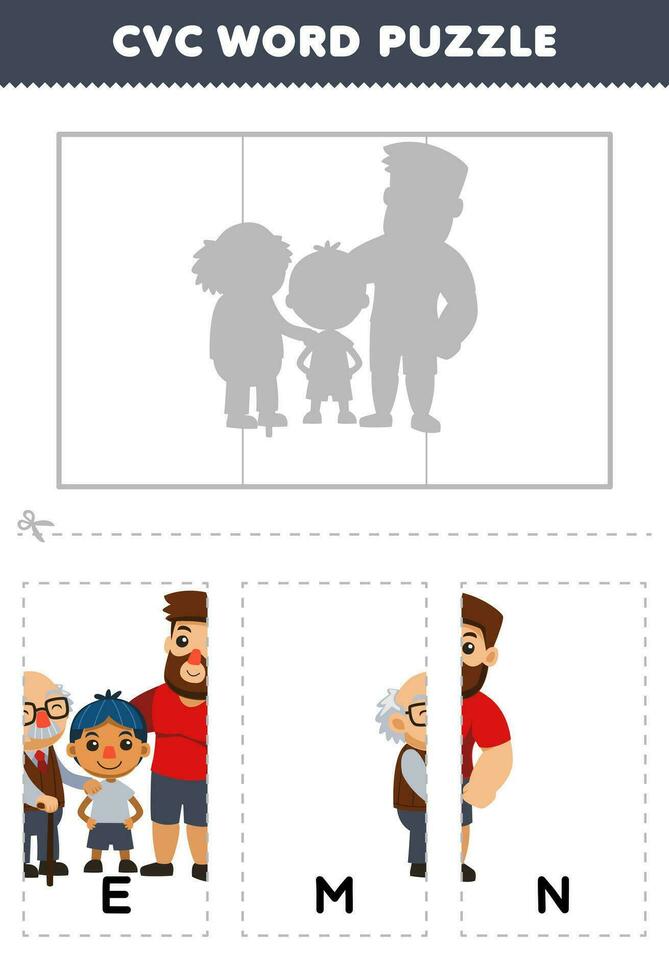 Education game for children to learn cvc word by complete the puzzle of cute cartoon men picture printable worksheet vector