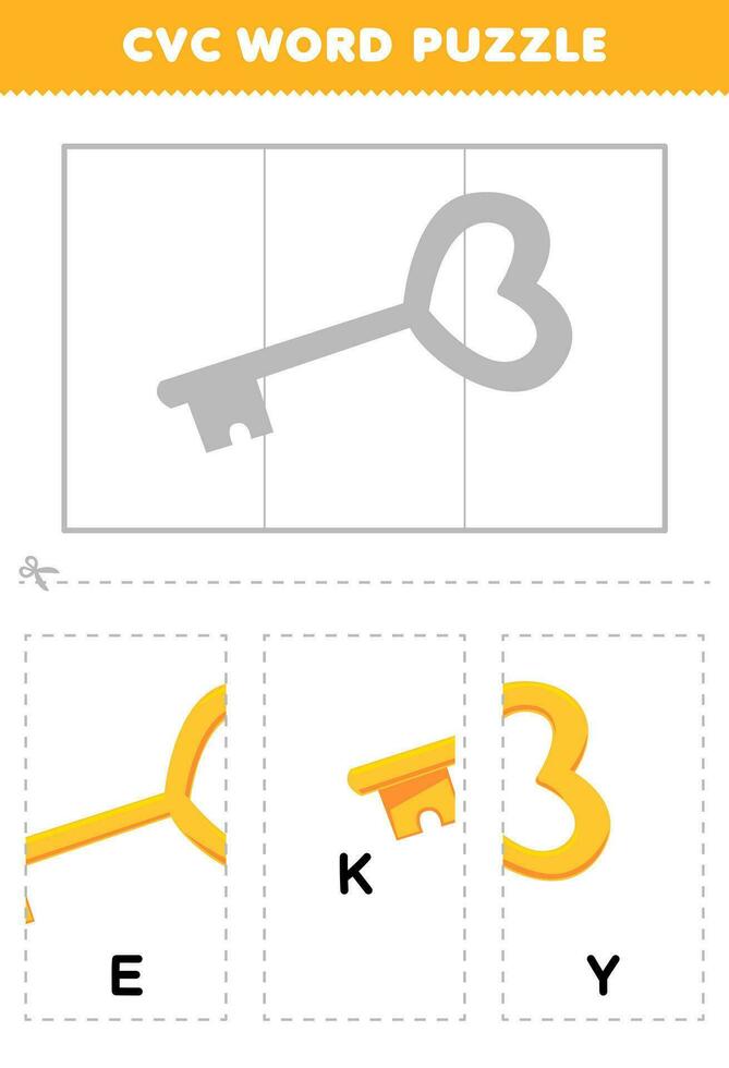 Education game for children to learn cvc word by complete the puzzle of cute cartoon key picture printable worksheet vector