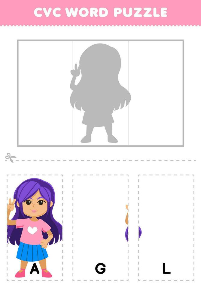 Education game for children to learn cvc word by complete the puzzle of cute cartoon gal girl picture printable worksheet vector