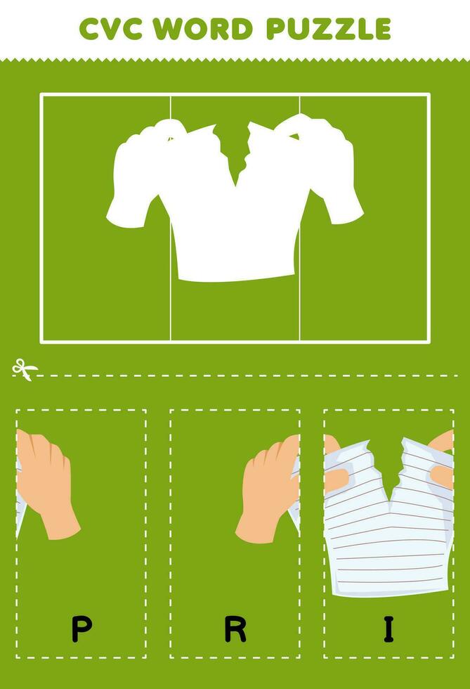 Education game for children to learn cvc word by complete the puzzle of cute cartoon hand rip the paper picture printable worksheet vector