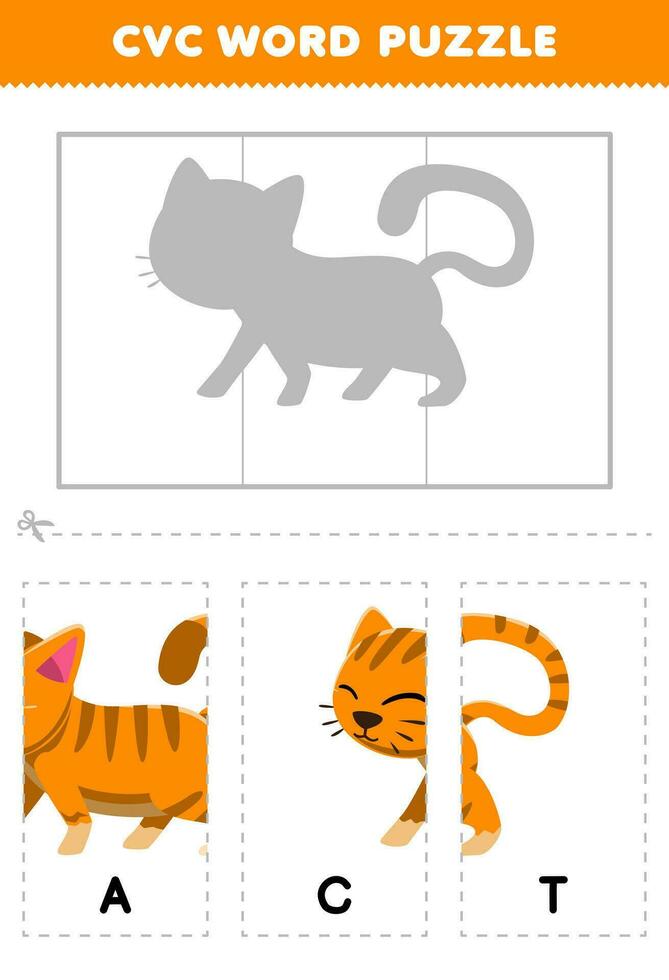 Education game for children to learn cvc word by complete the puzzle of cute cartoon cat picture printable worksheet vector