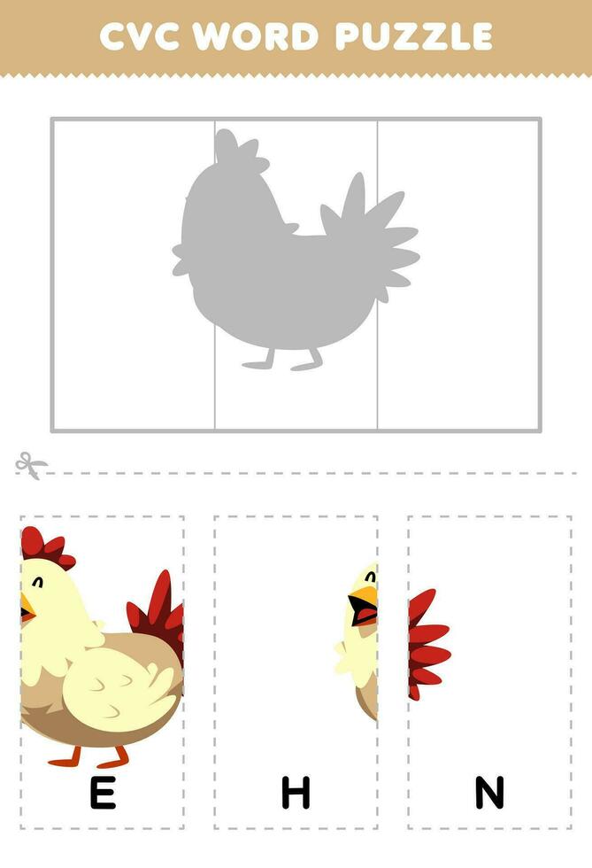 Education game for children to learn cvc word by complete the puzzle of cute cartoon chicken hen picture printable worksheet vector