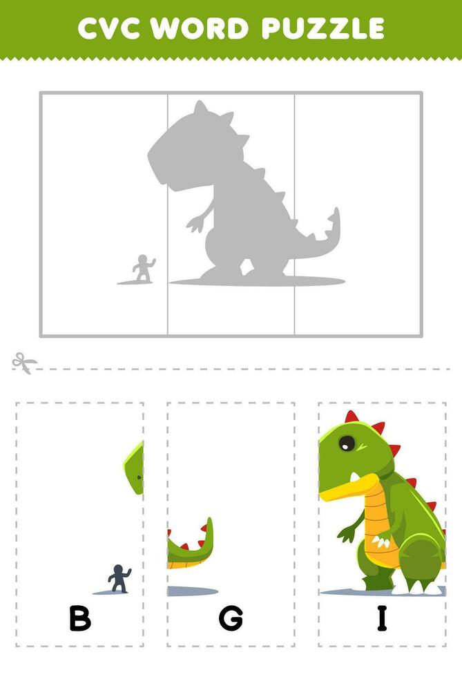 Education game for children to learn cvc word by complete the puzzle of cute cartoon big dinosaur picture printable worksheet vector