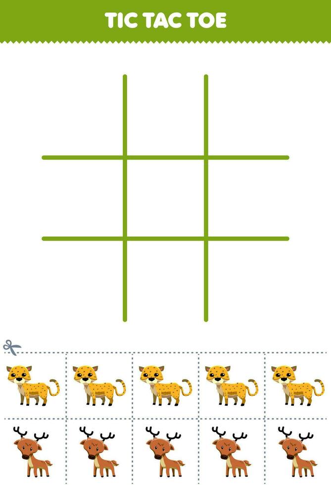 Education game for children tic tac toe set with cute cartoon cheetah and deer picture printable animal worksheet vector