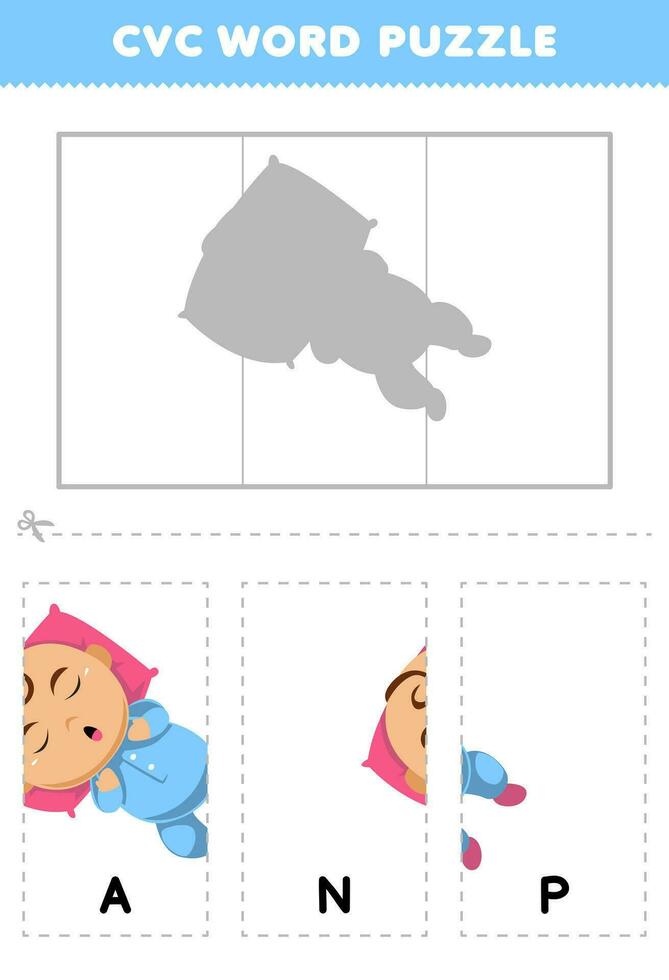 Education game for children to learn cvc word by complete the puzzle of cute cartoon baby taking nap picture printable worksheet vector