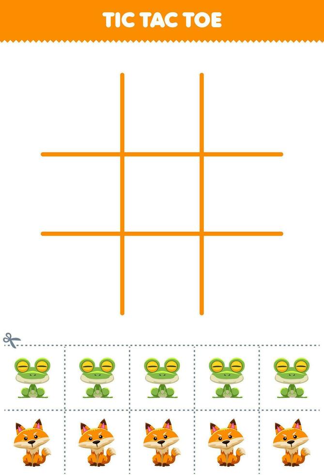 Education game for children tic tac toe set with cute cartoon frog and fox picture printable animal worksheet vector