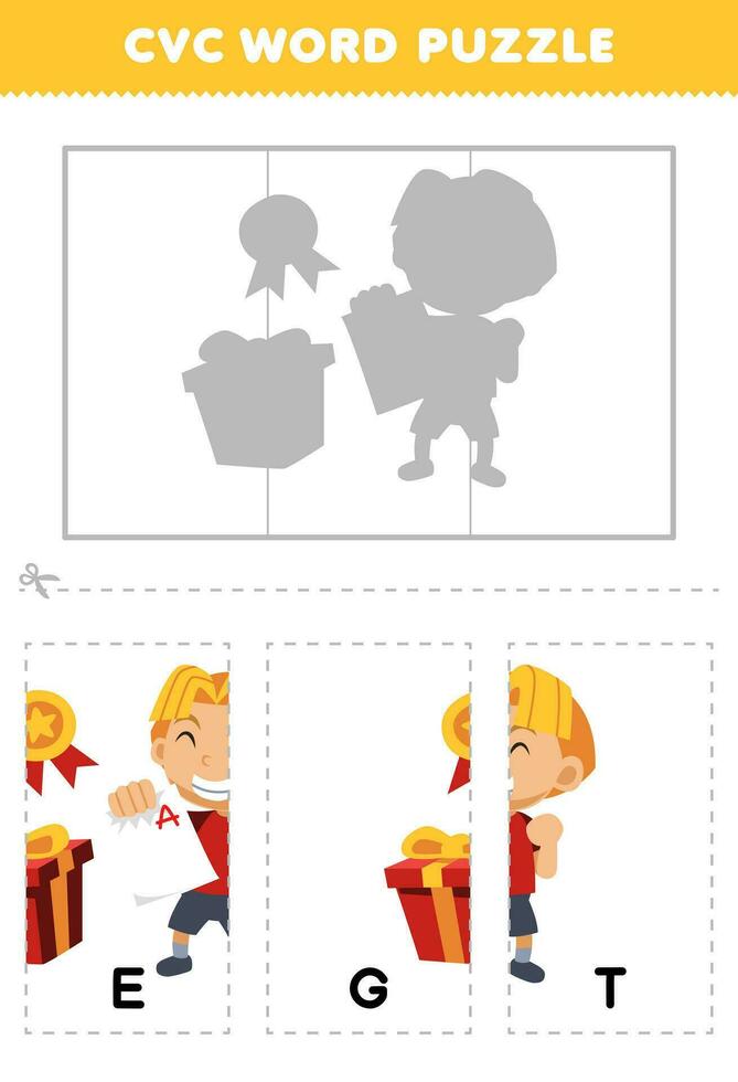 Education game for children to learn cvc word by complete the puzzle of cute cartoon boy get medal and reward picture printable worksheet vector