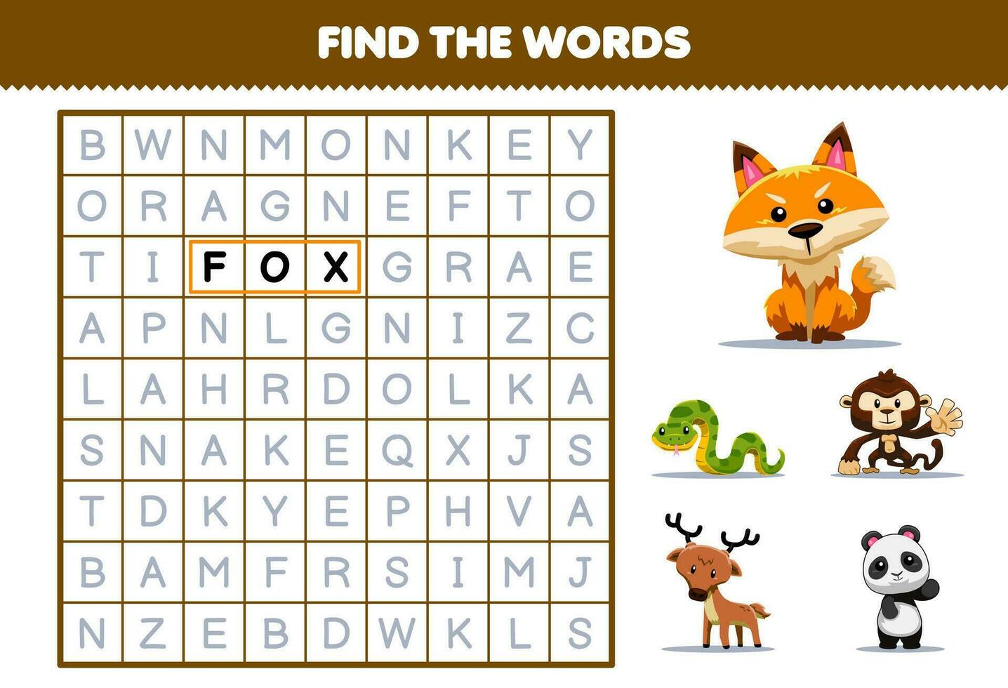 Education game for children find the words for cute cartoon fox snake monkey deer panda printable animal worksheet vector